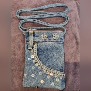 Hand & Heart Embellished Beads Denim Crossbody Purse Phone Holder Jean 54" Stra